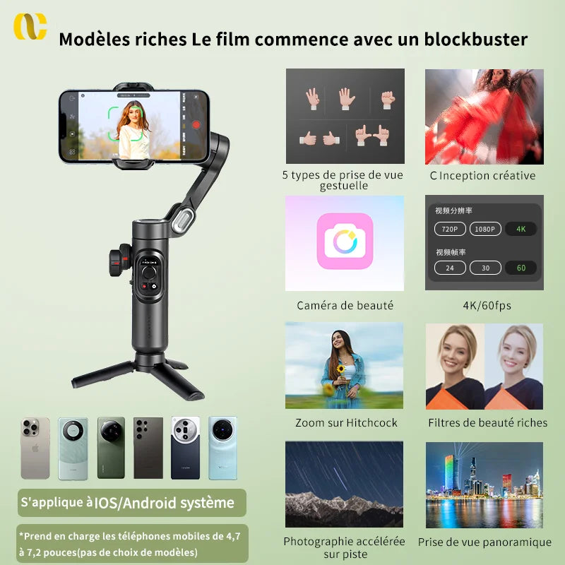 AOCHUAN - Stabilisateur de Cardan 3 Axes avec Lumière d'Appoint pour Smartphone pour vos Vlog et Tiktok