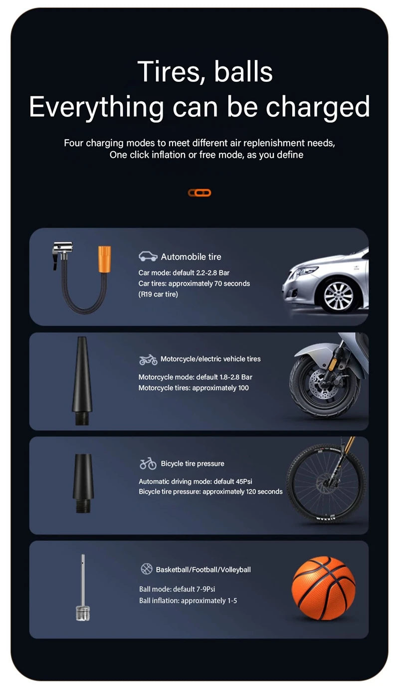 Compresseur d'air électrique sans fil pour voiture, pompe de gonflage pour moto, vélo, bateau, auto